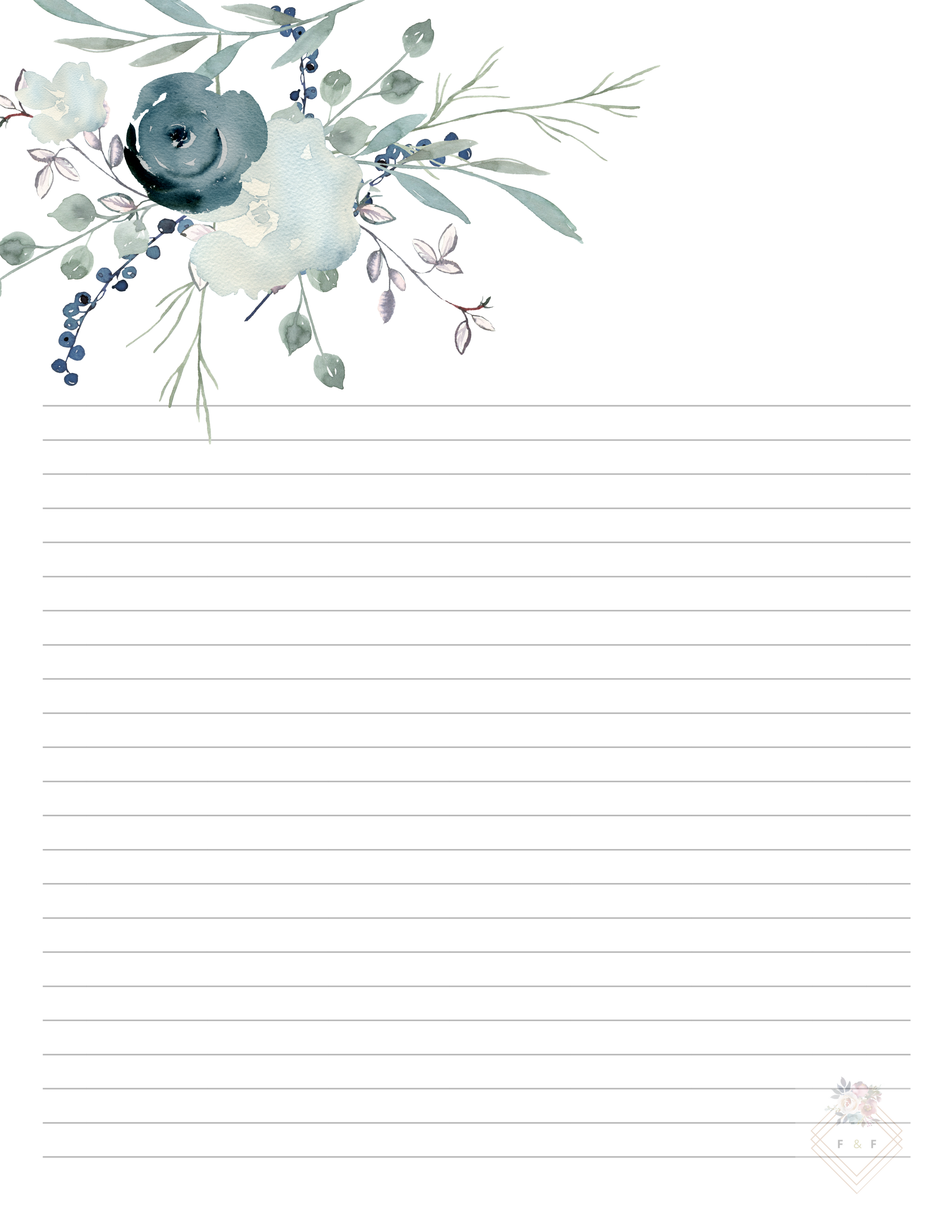 Blue Printable Letter Paper Set Floral Writing Paper 10 Page Set 