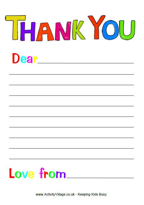 Thank You Writing Paper Letter Template For Kids Thank You Letter 