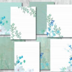 Watercolor Blue Teal Floral Printable Lined Stationery Digital