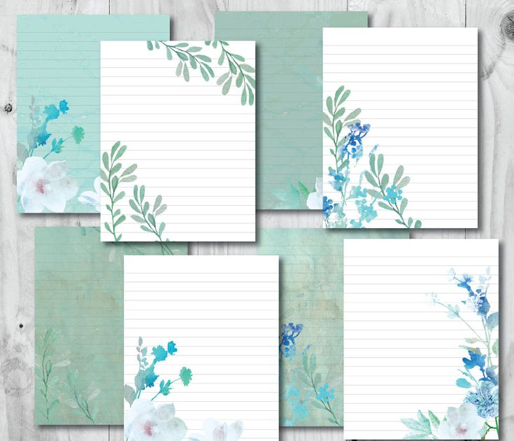 Watercolor Blue Teal Floral Printable Lined Stationery Digital 