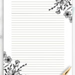 Black And White Floral Lined Paper, Printable Stationery Paper With Regard To Printable Letter Paper With Lines