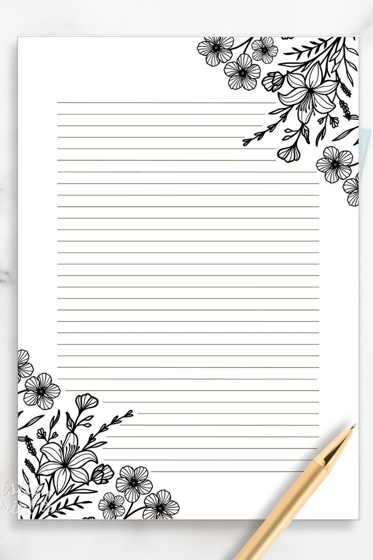 Black And White Floral Lined Paper, Printable Stationery Paper with regard to Printable Letter Paper With Lines
