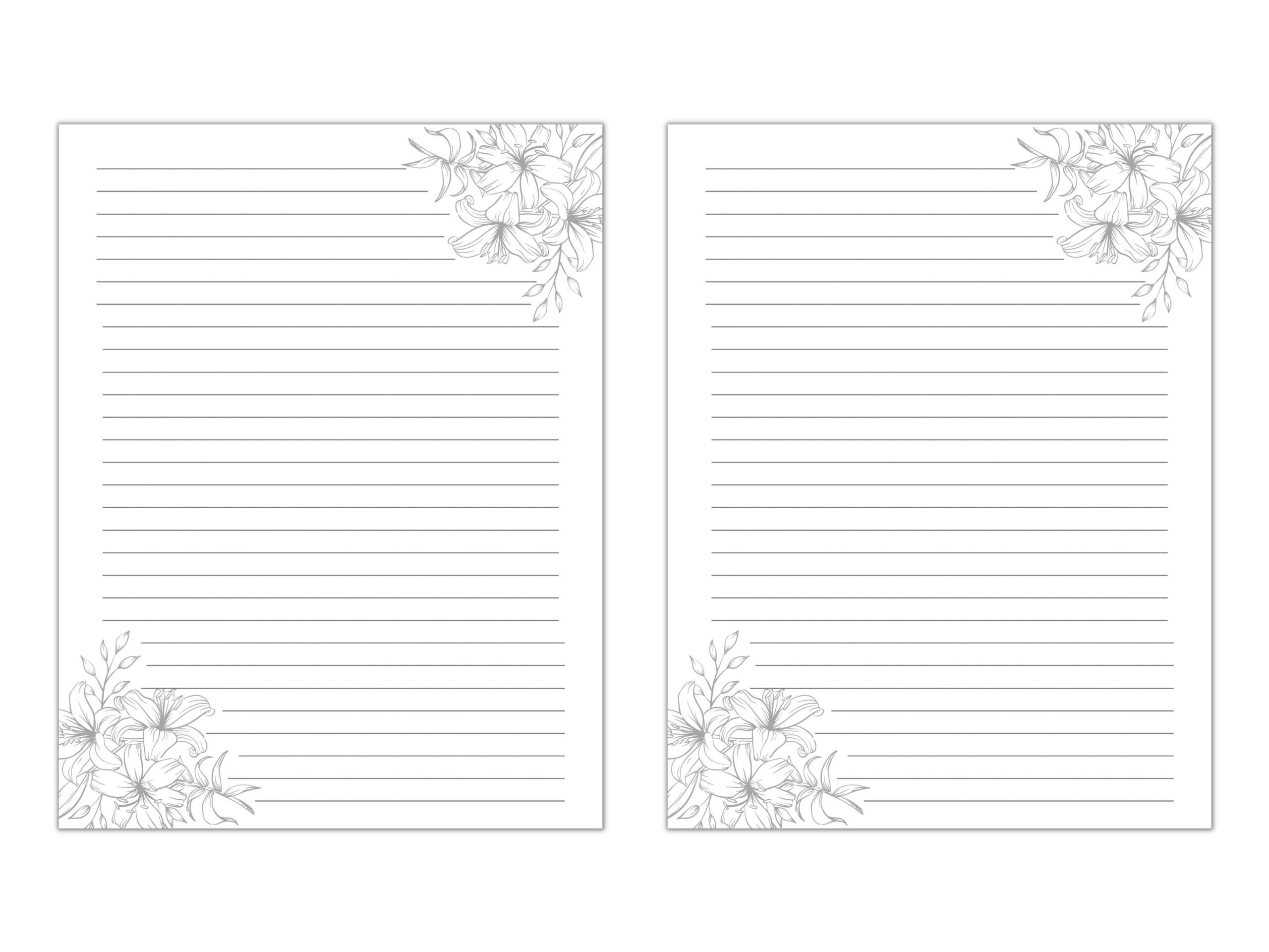 Black And White Floral Lined Paper, Printable Stationery Paper within Printable Lined Paper Black and White