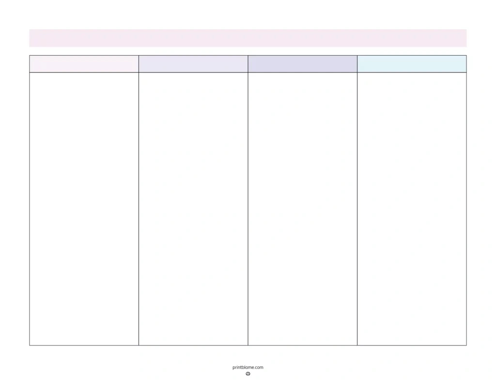 Blank 4 Column Chart Templates - Free 4 Column Tables Pdfs for Free Printable Four-Column Lined Paper
