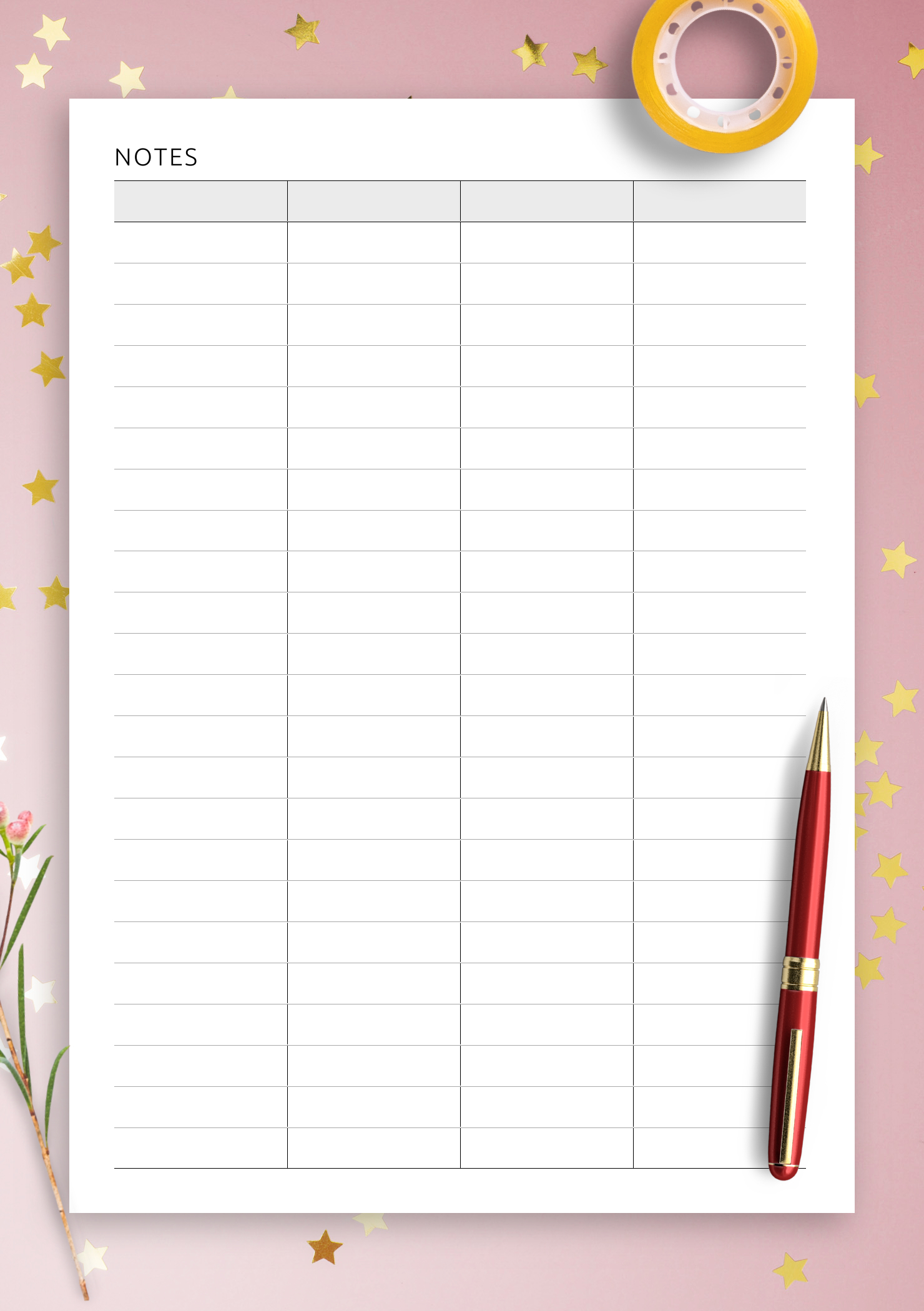 Download Printable Table 4-Column Pdf pertaining to Lined Column Paper Printable
