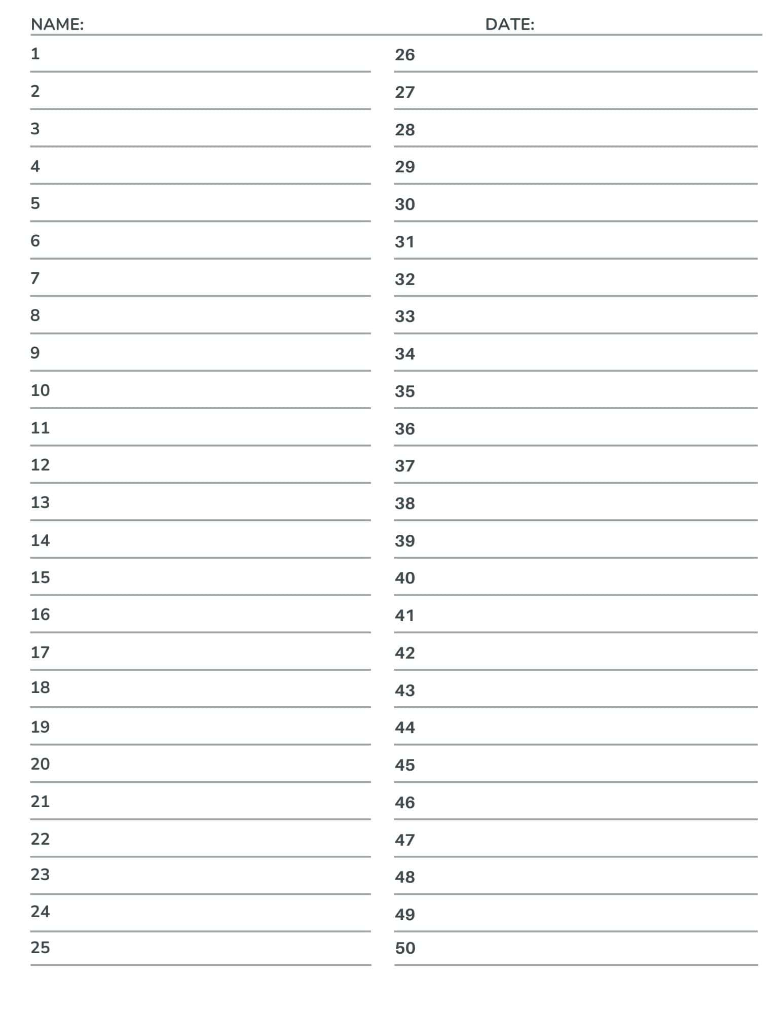 Free Numbered Lined Paper Pdf (1-20, 1-25, 1-50, 1-100) inside Printable Lined Paper with Numbers