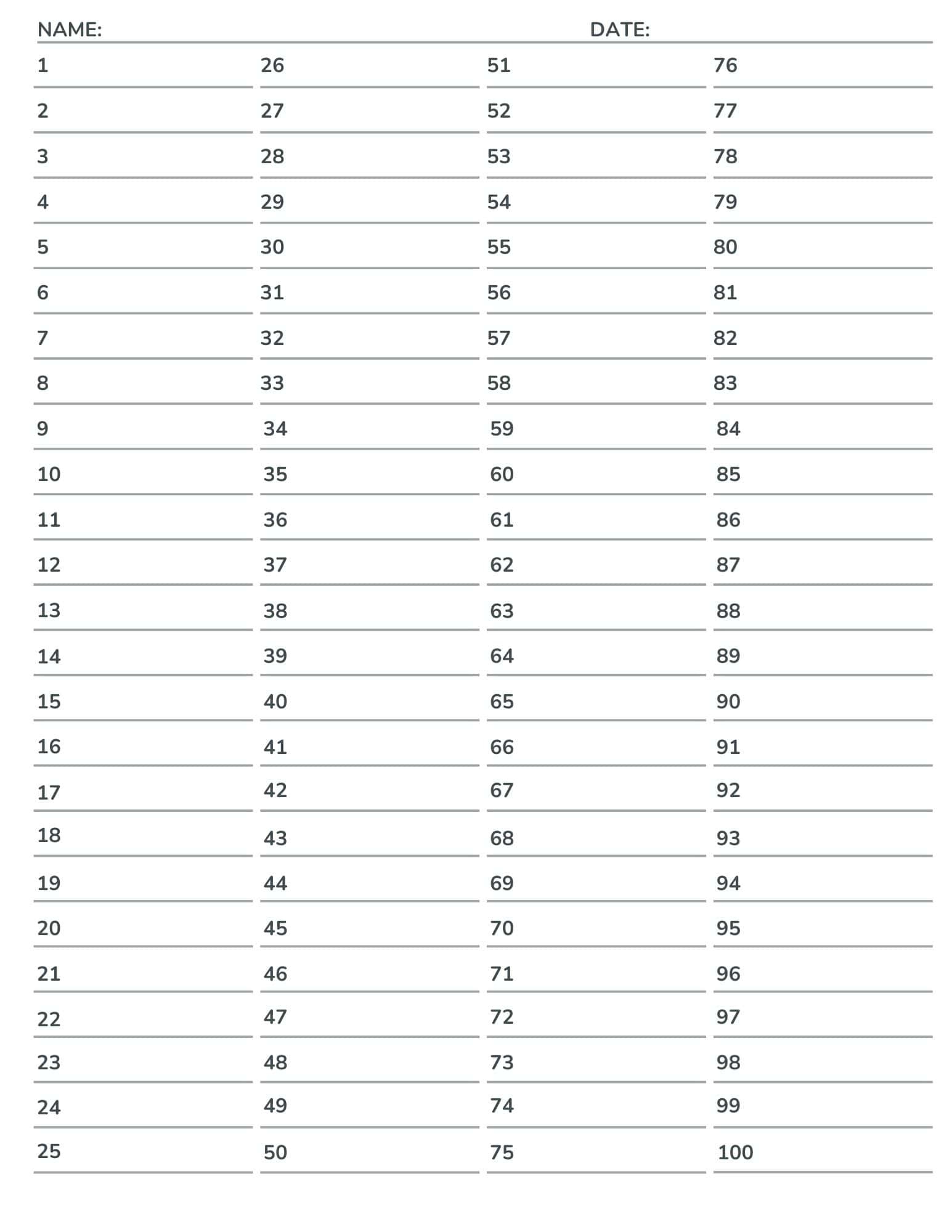 Free Numbered Lined Paper Pdf (1-20, 1-25, 1-50, 1-100) pertaining to Lined Numbered Paper Printable
