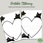 Printable Funny Black Cat Writing Paper Valentine Cute Cat Inside Printable Black Heart Stationery Paper