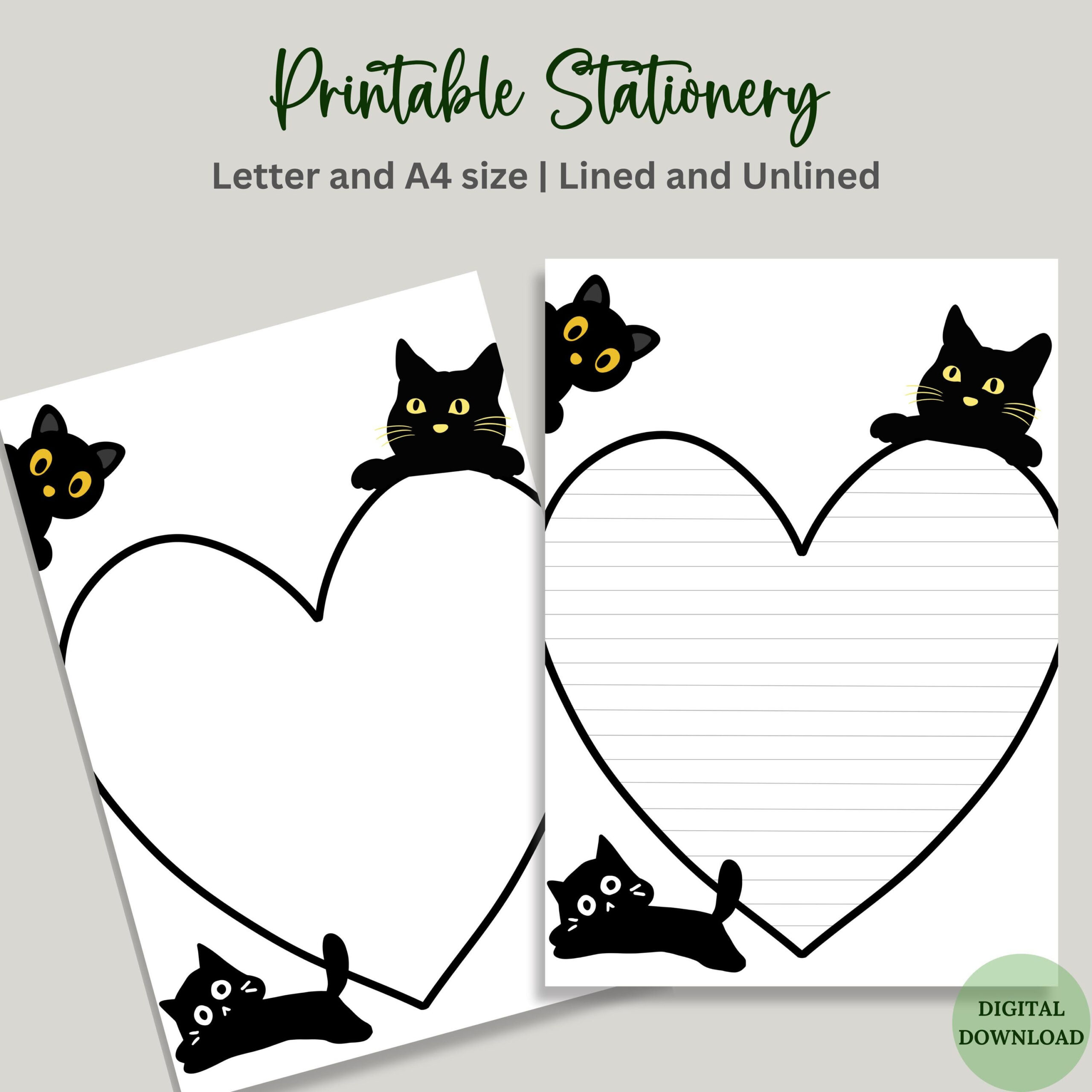 Printable Funny Black Cat Writing Paper Valentine Cute Cat inside Printable Black Heart Stationery Paper