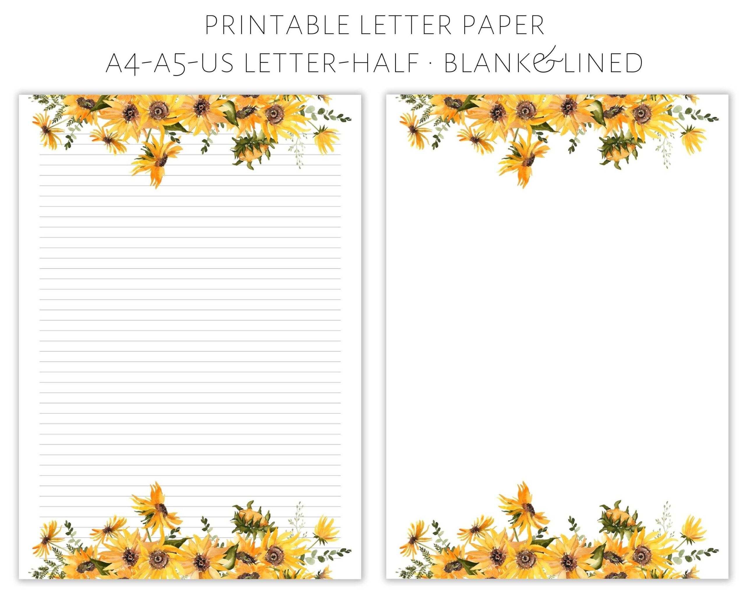Printable Letter Paper, Sunflower Paper, Letter Writing Paper in Sunflower Lined Paper Printable