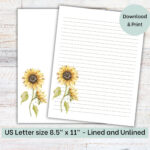 Sunflower Lined Paper | Printable Stationery | Lined Unlined Paper With Sunflower Lined Paper Printable