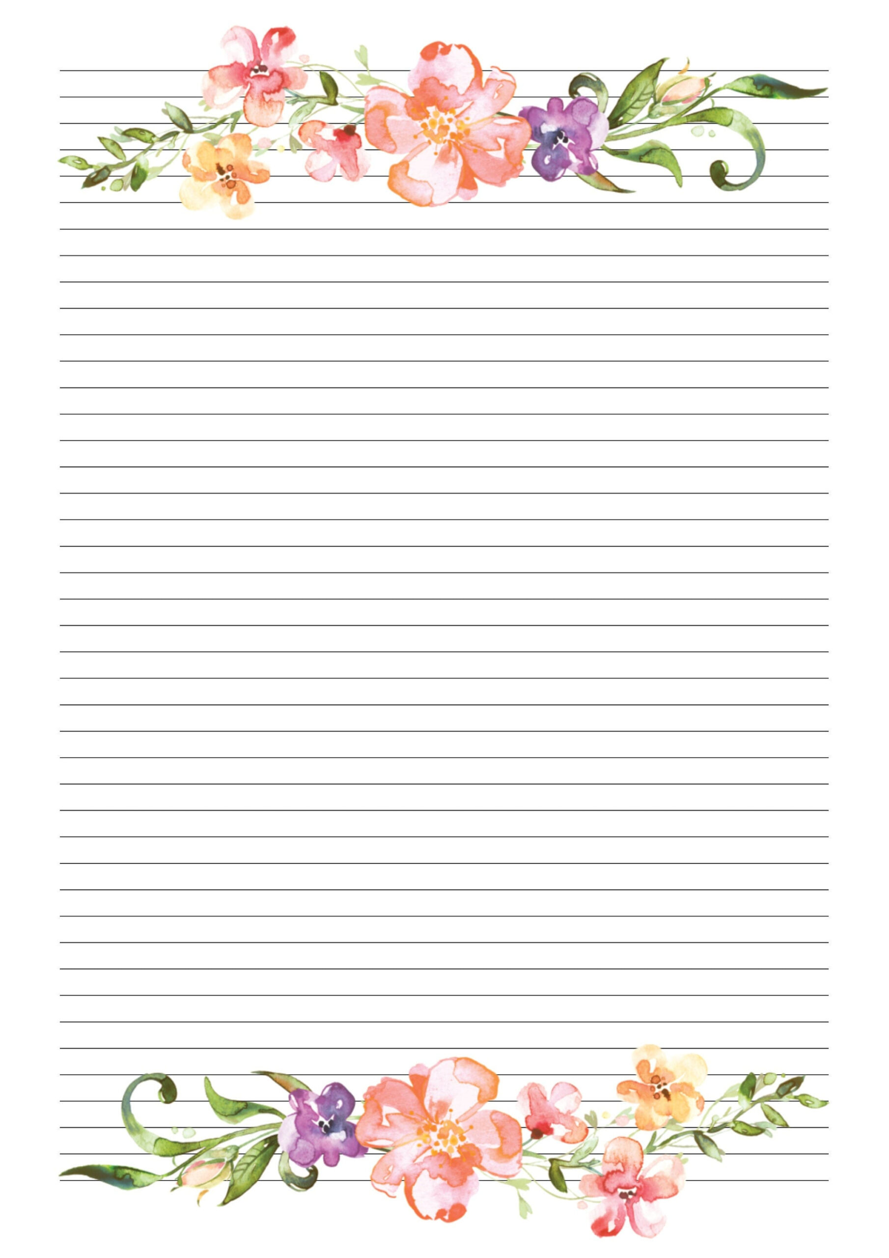 Watercolour Flower Border Lined A4 Paper, Instant Download with Printable Floral Lined Paper